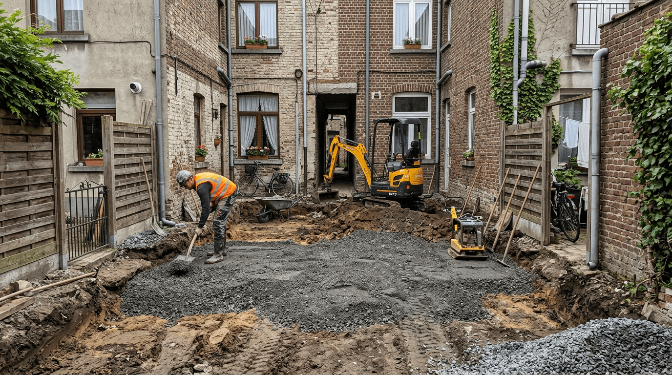 Подготовка основания во дворе перед асфальтированием