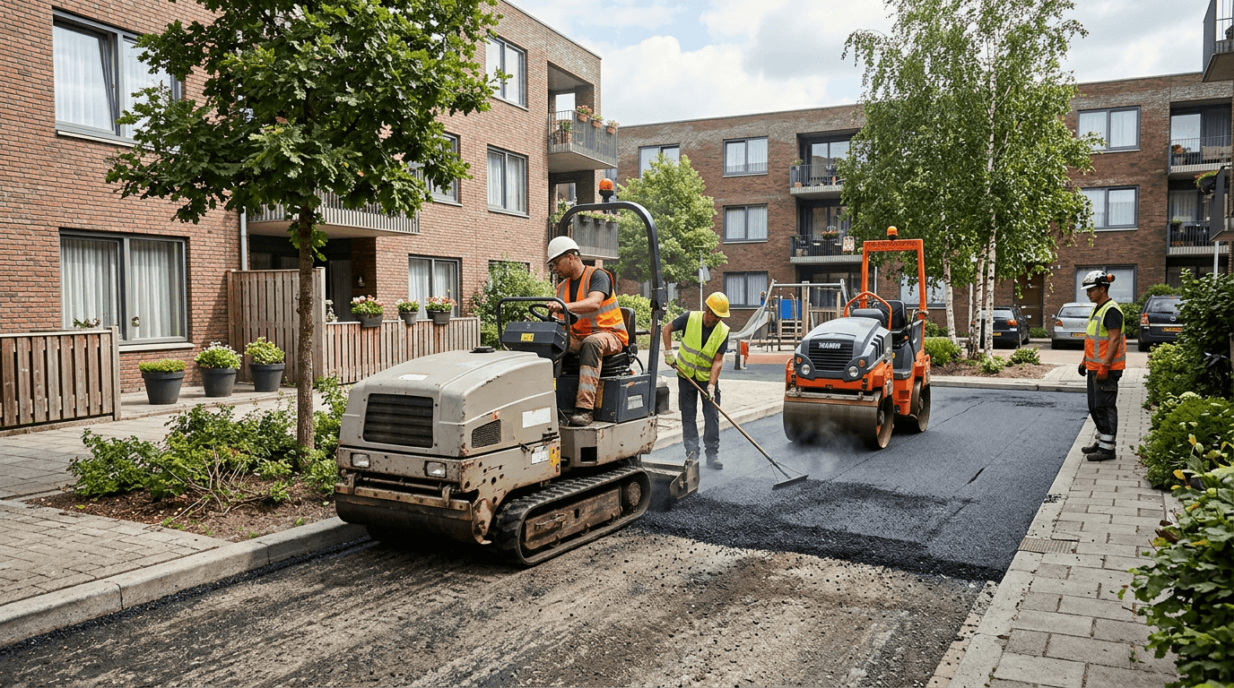 Укладка асфальта во дворе малогабаритной техникой