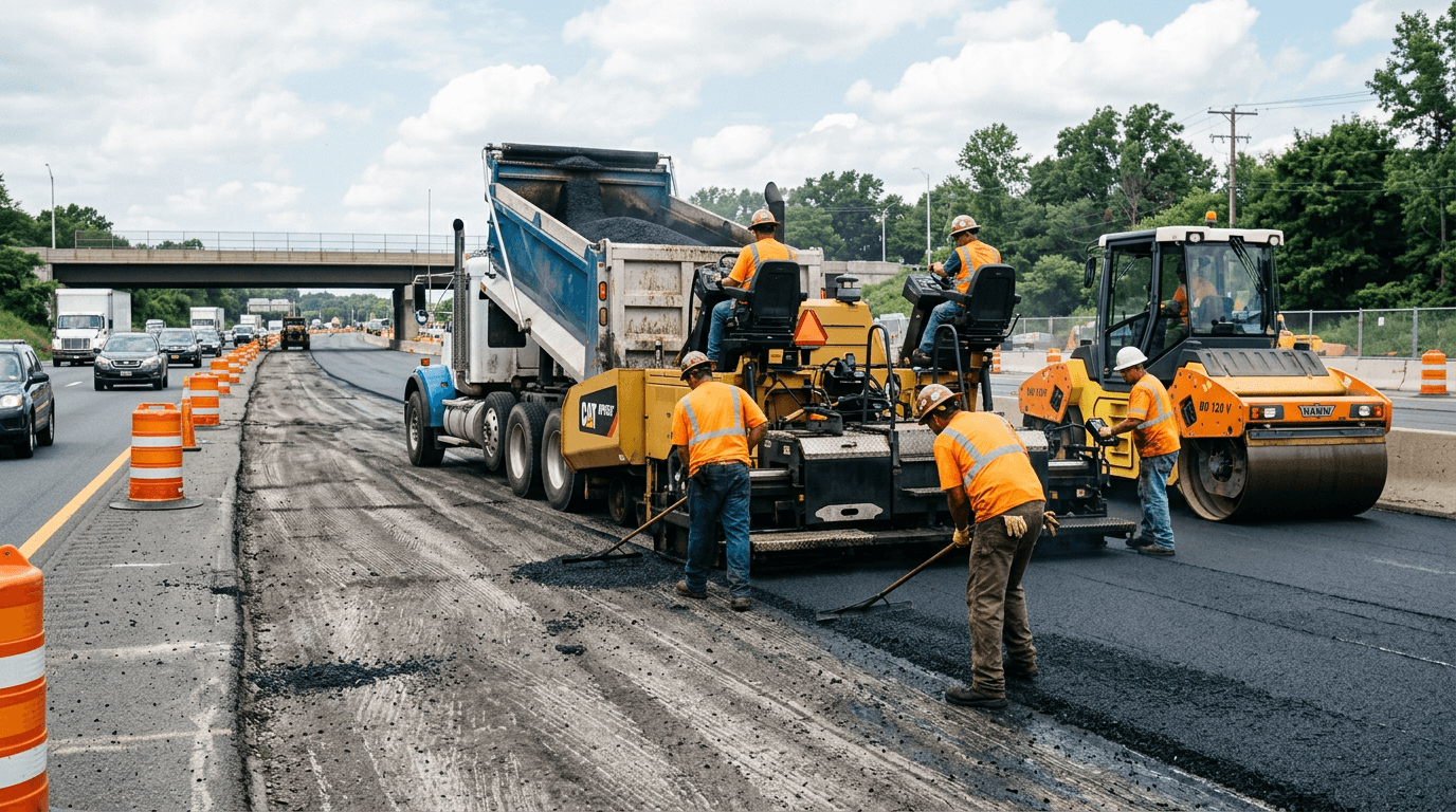 Укладка нового асфальта на участке ремонта дороги