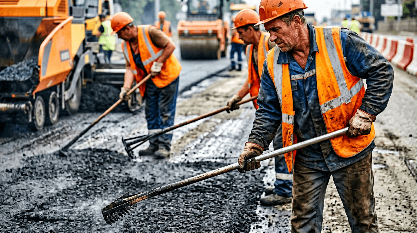 Выравнивание свежего асфальта на объекте