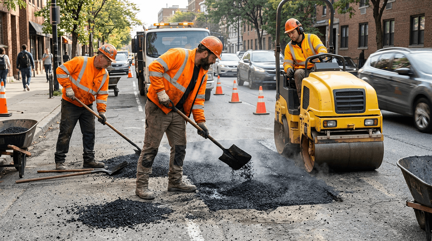 Заполнение ямы асфальтобетонной смесью