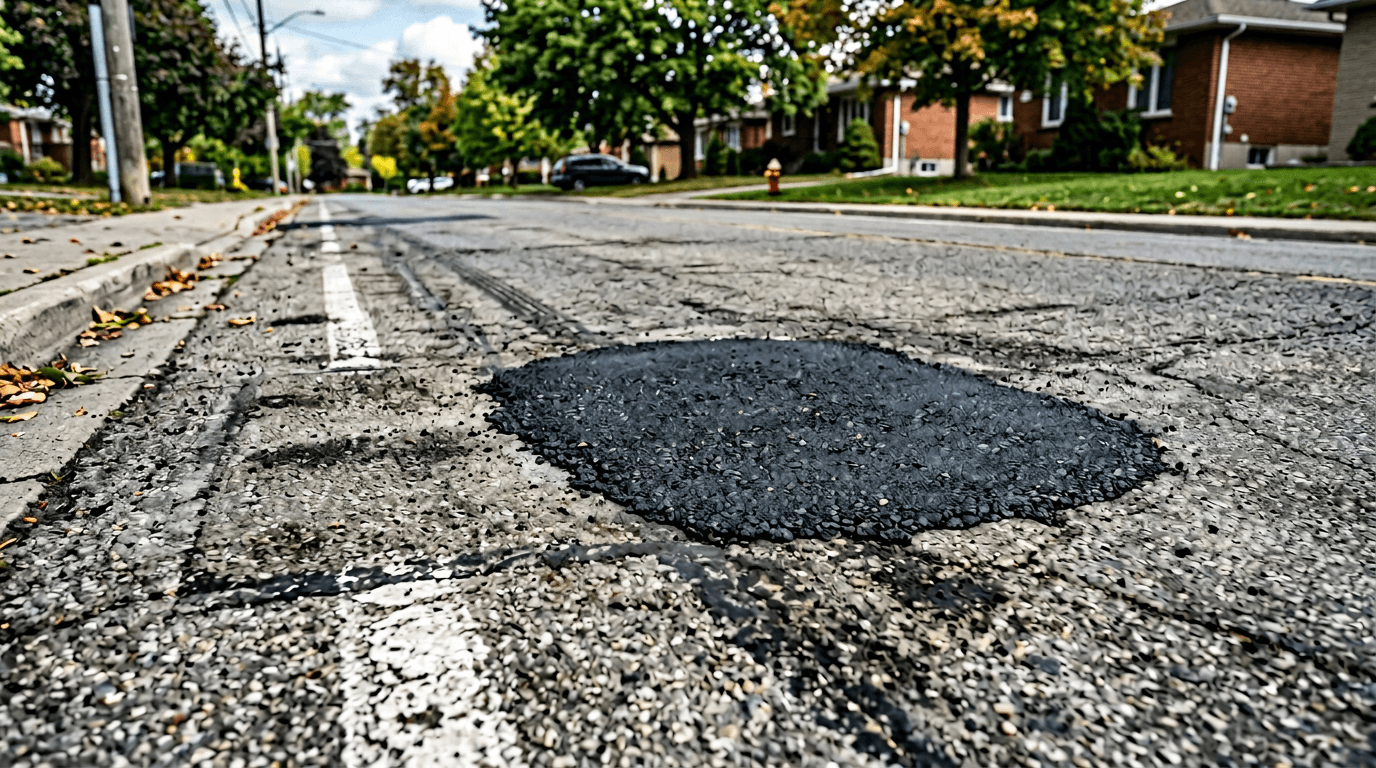 Заглаженный ямочный ремонт на дороге